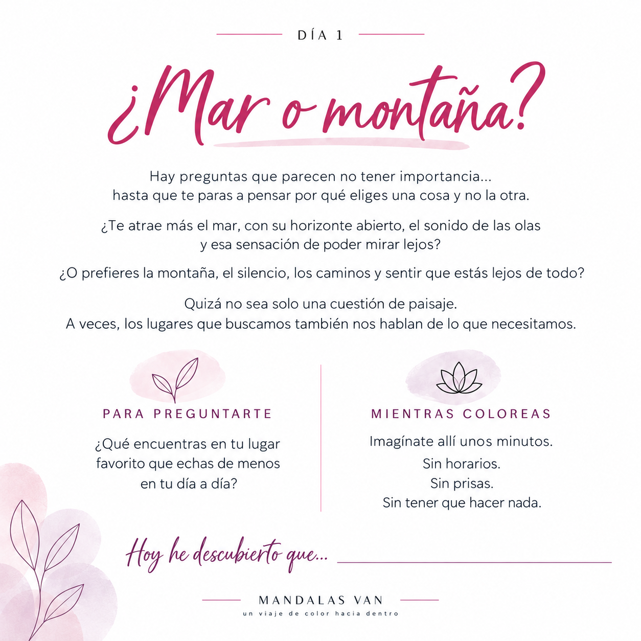 Página del día 1 con la pregunta Mar o montaña